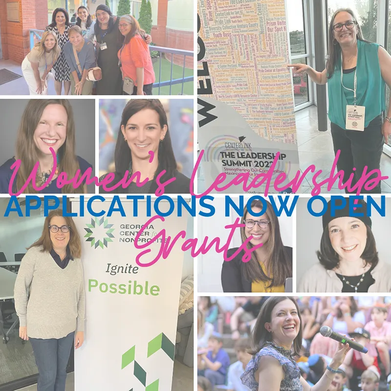 WOMEN’s LEADERSHIP GRANTS collage of JWFA leadership grantees and the text "Women's Leadership Grants Applications Now Open"
